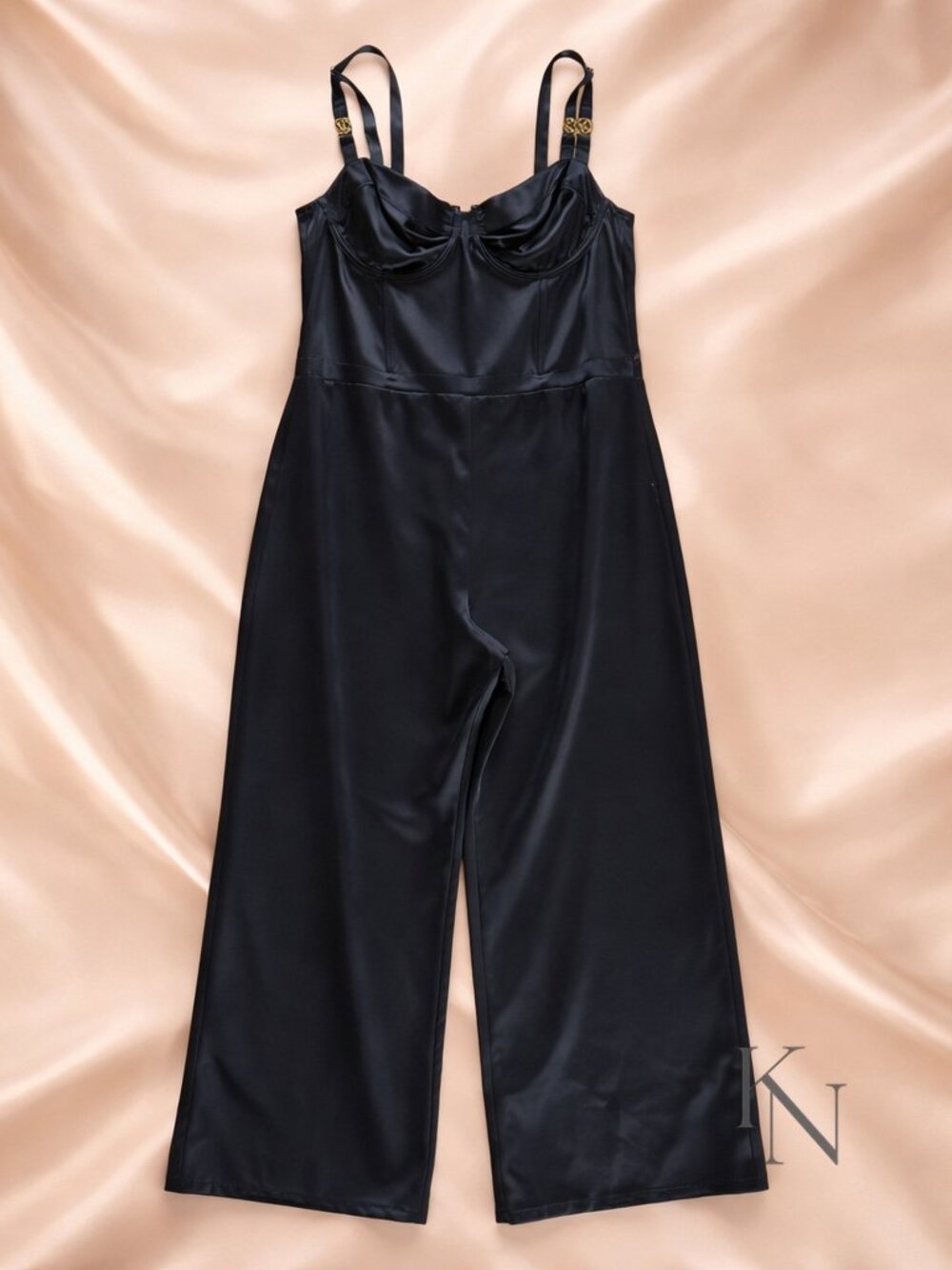 Victoria’s Secret NWT XL Satin Bustier Jumpsuit Black Wide Leg Evening Glam